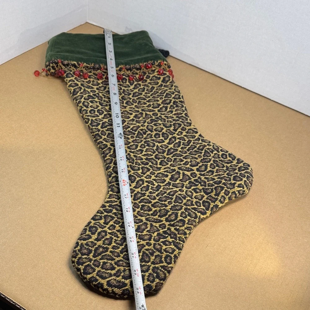 Pair of Swanky Tapestry Christmas Stockings Leopard Checkered Print Velvet Beads